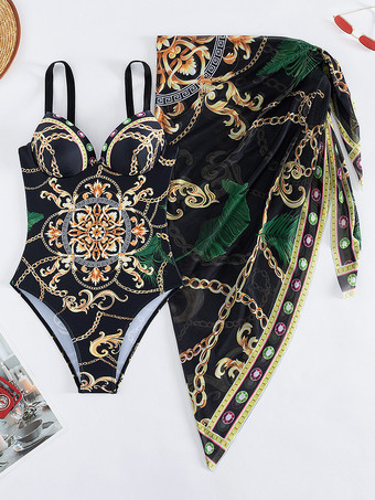 女性用プリントワンピース水着とビーチラップセット 2025