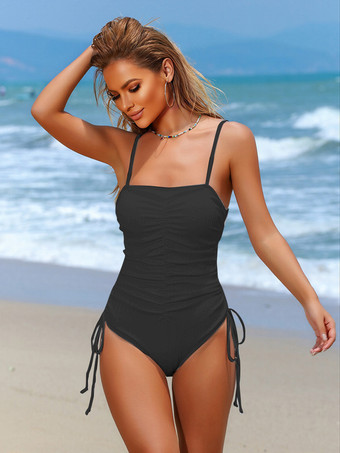 ブラック 女性用無地プリーツワンピース水着 2025