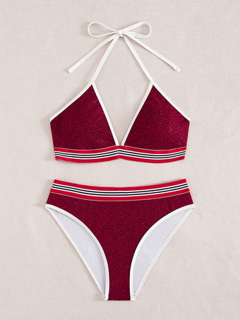 女性用光沢のある赤いビキニ 2025