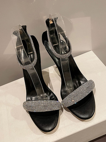 Sandalias de tacón alto para mujer con diamantes de imitación y tiras en el tobillo para fiesta de graduación