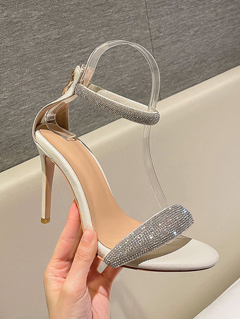 Sandalias de tacón alto para mujer con diamantes de imitación y tiras en el tobillo para fiesta de graduación