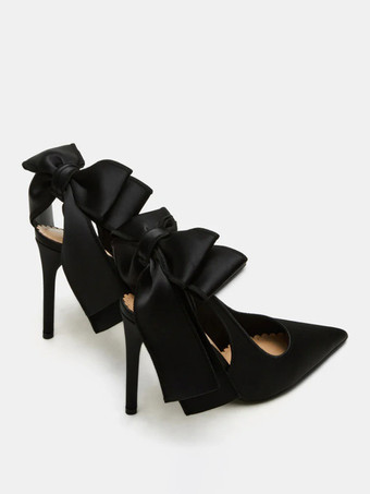 サテンのパーティーシューズ ポインテッドトゥ ボウハイヒール ウェディングシューズ