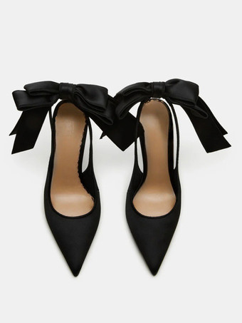 サテンのパーティーシューズ ポインテッドトゥ ボウハイヒール ウェディングシューズ