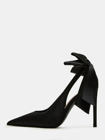 ブラック サテンのパーティーシューズ ポインテッドトゥ ボウハイヒール ウェディングシューズ