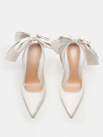 サテンのパーティーシューズ ポインテッドトゥ ボウハイヒール ウェディングシューズ