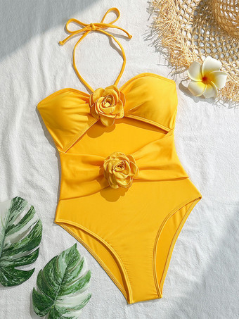 2025年夏向け3Dフラワーデコレーション付きカットアウトホルターワンピース水着