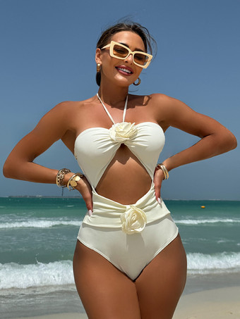 アイボリー 2025年夏向け3Dフラワーデコレーション付きカットアウトホルターワンピース水着