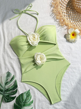 2025年夏向け3Dフラワーデコレーション付きカットアウトホルターワンピース水着