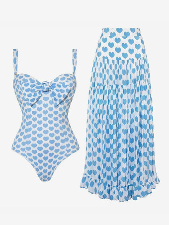 2025年夏向けハート柄ワンピース水着とマキシスカートのセット