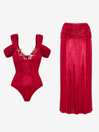 2025年夏向けフラワーデコレーションレッドワンピース水着とプリーツマキシスカートセット