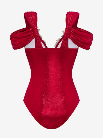 2025年夏向けフラワーデコレーションレッドワンピース水着とプリーツマキシスカートセット