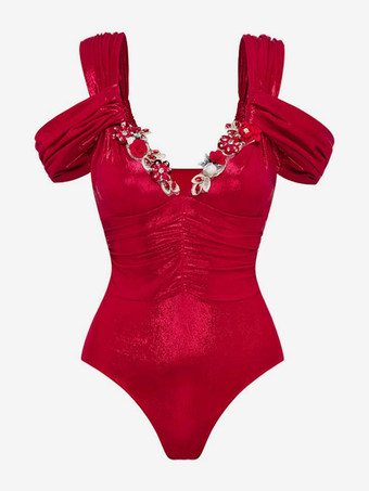 2025年夏向けフラワーデコレーションレッドワンピース水着とプリーツマキシスカートセット