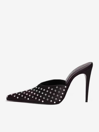 黒のハイヒールミュール、ポインテッドトゥ、ビーズ付きバックレスパンプス