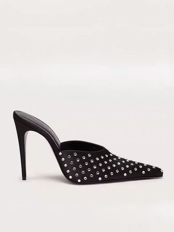 黒のハイヒールミュール、ポインテッドトゥ、ビーズ付きバックレスパンプス