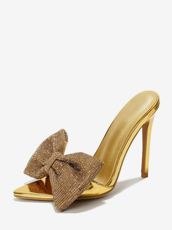 dorado Mules de tacón alto con lazo de diamantes de imitación punta abierta tacón de aguja sin espalda