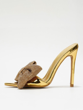 Mules de tacón alto con lazo de diamantes de imitación punta abierta tacón de aguja sin espalda