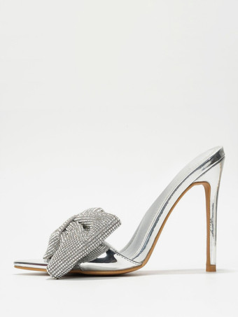 シルバー ハイヒールミュール ラインストーン ボウ オープントゥ バックレス スティレットヒール パンプス