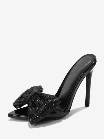 ブラック ハイヒールミュール ラインストーン ボウ オープントゥ バックレス スティレットヒール パンプス