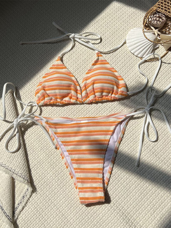 オレンジ2025年夏向けストライプホルターシンプルビキニ水着