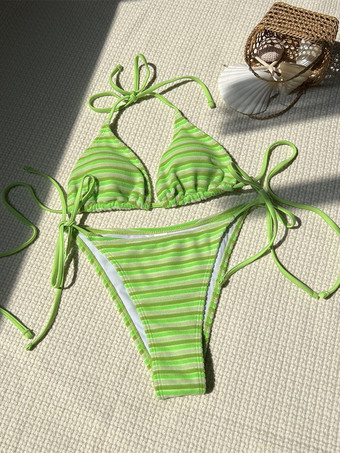 グリーン 2025年夏向けストライプホルターシンプルビキニ水着