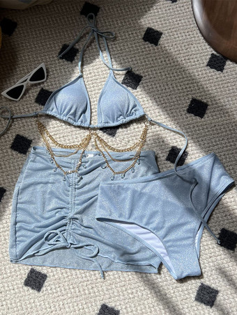 キラキラ輝くラインストーンチェーンビキニとミニスカートの3点水着セット 2025年夏用