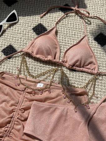 キラキラ輝くラインストーンチェーンビキニとミニスカートの3点水着セット 2025年夏用