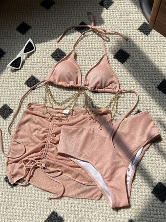 キラキラ輝くラインストーンチェーンビキニとミニスカートの3点水着セット 2025年夏用