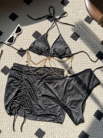 キラキラ輝くラインストーンチェーンビキニとミニスカートの3点水着セット 2025年夏用