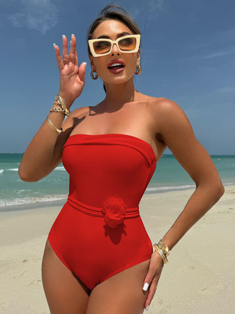 レッド 2025年夏向け3Dフラワーアクセサリー付き無地ワンピース水着