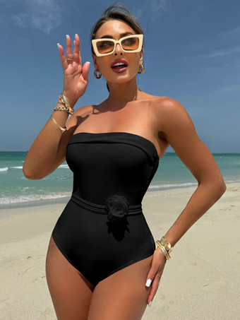 ブラック 2025年夏向け3Dフラワーアクセサリー付き無地ワンピース水着