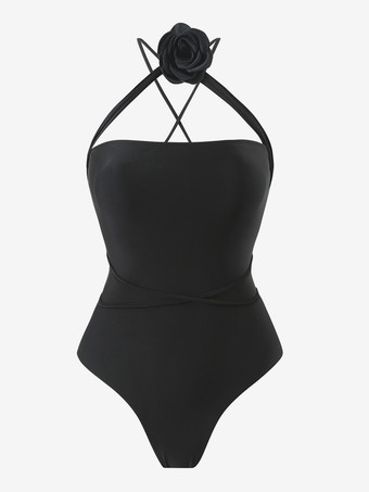 2025年夏向け3Dフラワーアクセサリー付き無地ワンピース水着