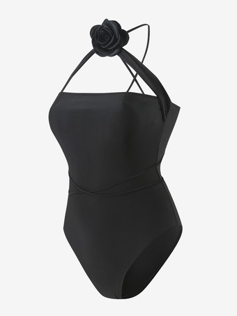 2025年夏向け3Dフラワーアクセサリー付き無地ワンピース水着