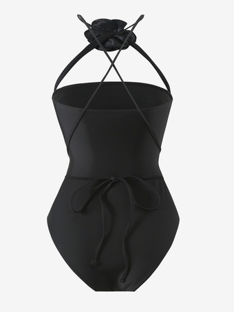 2025年夏向け3Dフラワーアクセサリー付き無地ワンピース水着