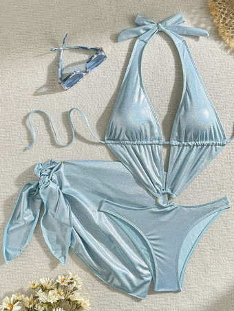 2025年夏向けの光沢のある中空ワンピースモノキニとビーチラップスカート