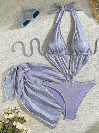 2025年夏向けの光沢のある中空ワンピースモノキニとビーチラップスカート