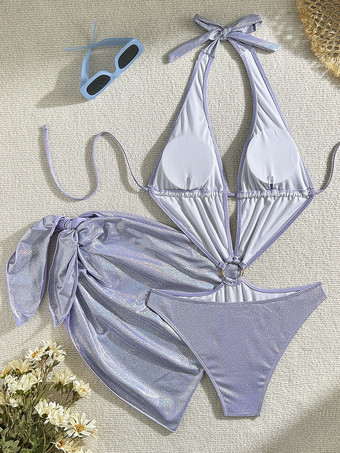 2025年夏向けの光沢のある中空ワンピースモノキニとビーチラップスカート