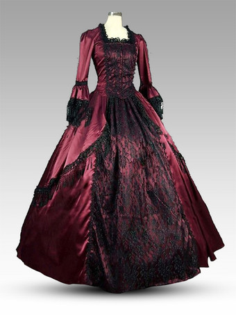 Color borgoñaVestido victoriano para mujer poliéster con bloques de color ropa vintage para mujer.