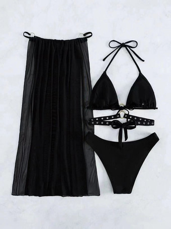 セクシーな黒のカットアウトビキニとカバーアップスカートの3点セット女性用水着2025