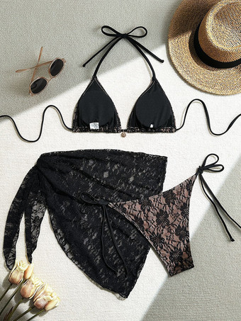 セクシーなレースのホルタービキニとカバーアップスカートの3点水着セット、女性用 2025