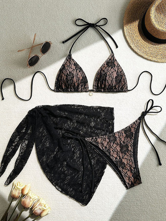 セクシーなレースのホルタービキニとカバーアップスカートの3点水着セット、女性用 2025