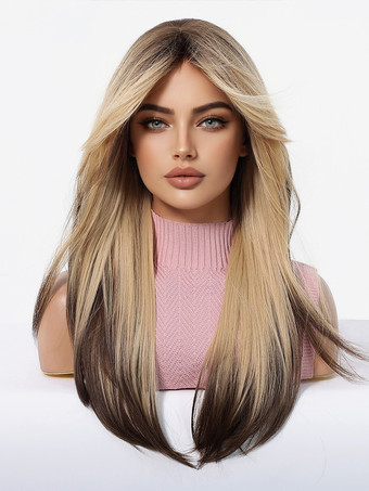 ハイライトミドルパートストレートミディアムヘアウィッグ女性用 2025