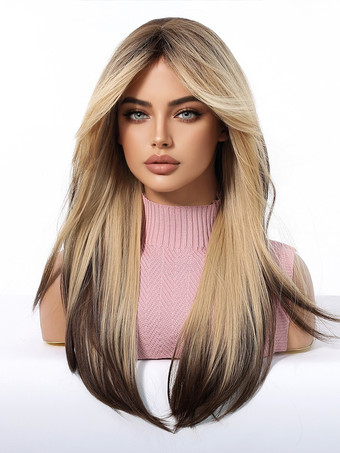 ハイライトミドルパートストレートミディアムヘアウィッグ女性用 2025