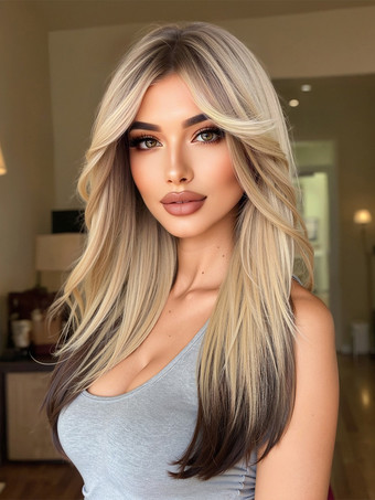 ゴールド ハイライトミドルパートストレートミディアムヘアウィッグ女性用 2025