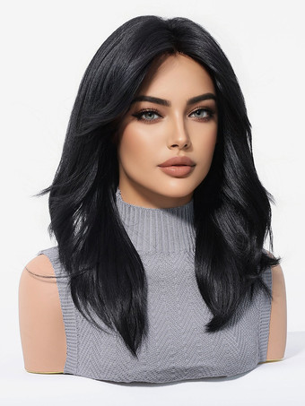 女性用ミディアムレングス黒カーリーヘア合成ウィッグ 2026