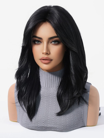 女性用ミディアムレングス黒カーリーヘア合成ウィッグ 2026