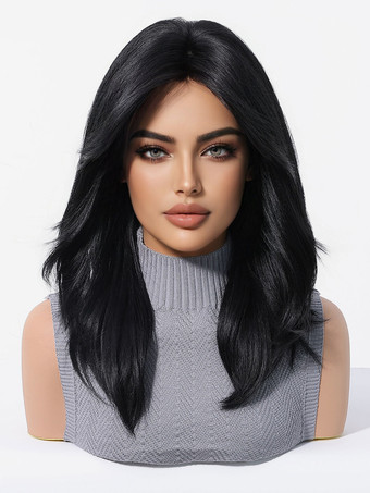 女性用ミディアムレングス黒カーリーヘア合成ウィッグ 2026