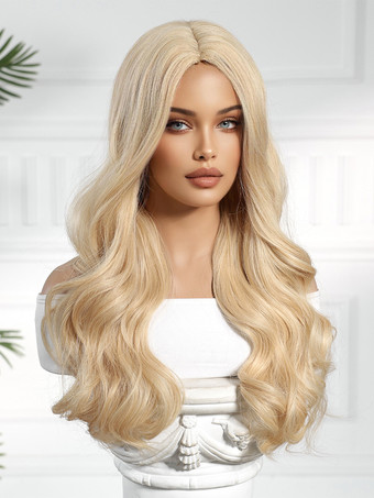 ライトゴールドミドルパートロングウェーブヘア合成ウィッグ女性用 2025