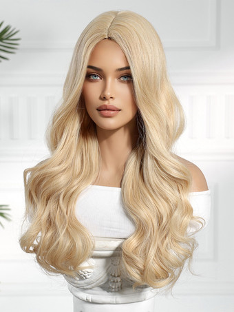 ライトゴールドミドルパートロングウェーブヘア合成ウィッグ女性用 2025