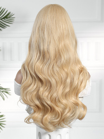 ライトゴールドミドルパートロングウェーブヘア合成ウィッグ女性用 2025