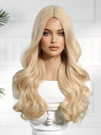 ライトゴールドミドルパートロングウェーブヘア合成ウィッグ女性用 2025